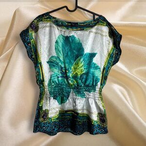 Feathers Satin Floral Scarf Print Top Smocked Waist Cap Sleeve Boho Teal M